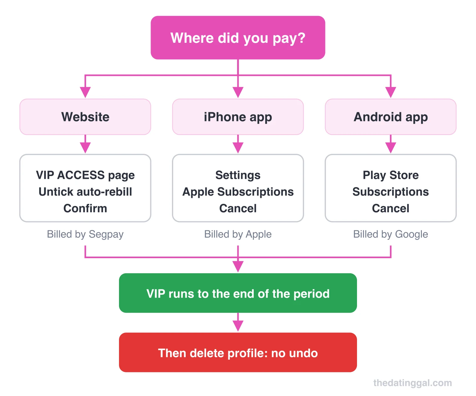 Flow chart: cancel Adam4Adam VIP where you paid (website, Apple or Google Play), keep VIP until the period ends, then delete the profile