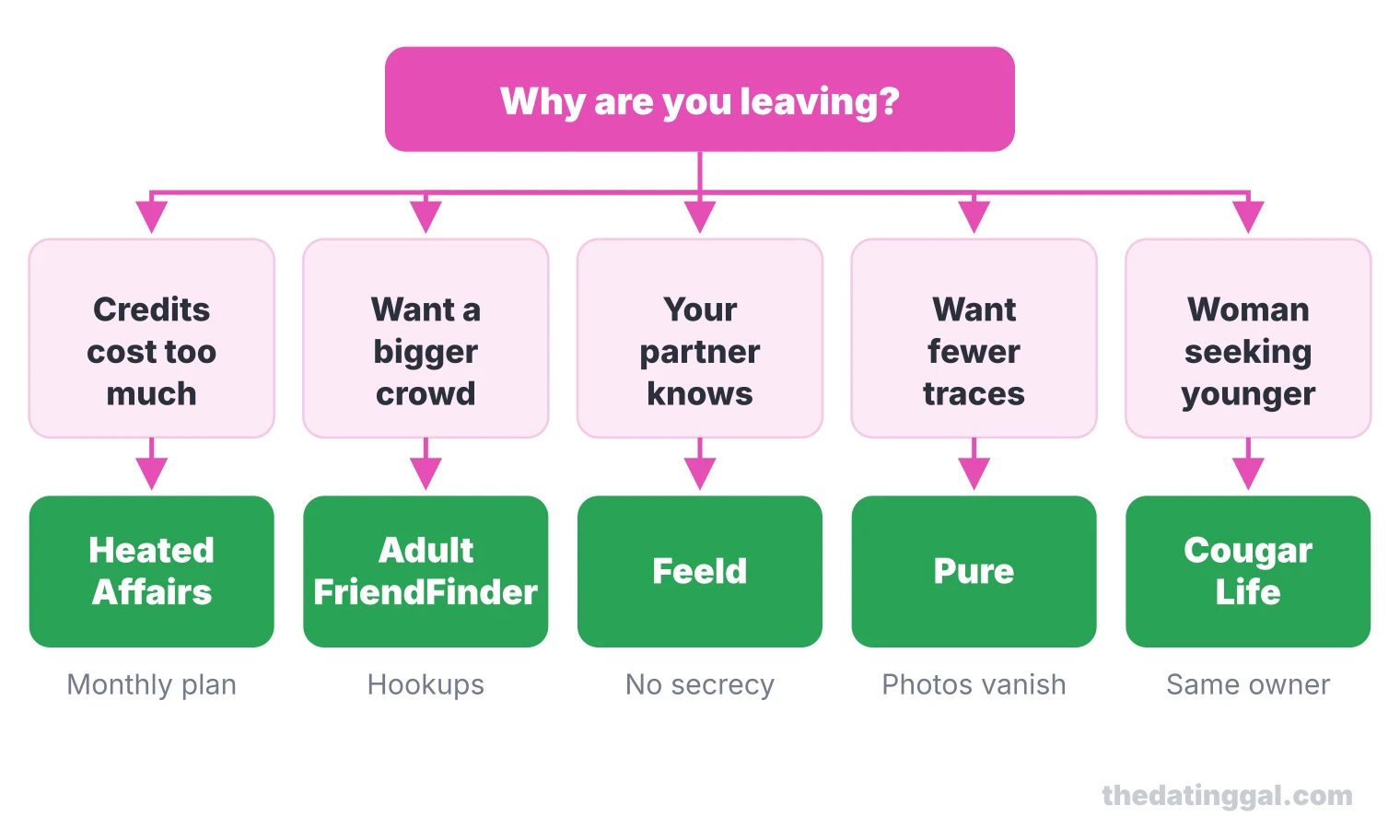 Decision chart: costly credits point to Heated Affairs, a bigger crowd to AdultFriendFinder, a partner who knows to Feeld, fewer traces to Pure