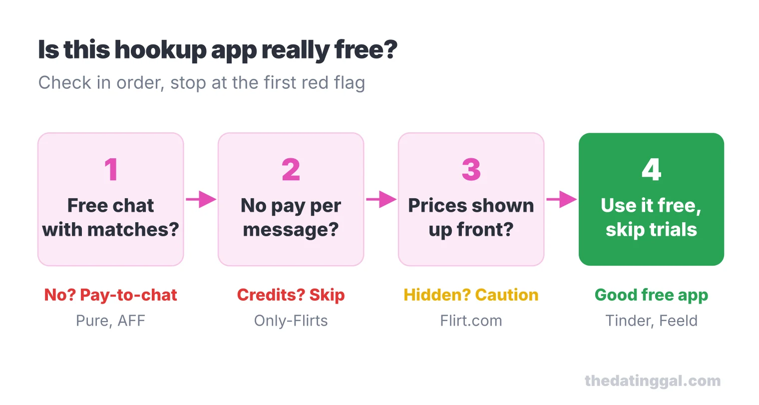 Four-step check: free chat with matches, no pay per message, prices shown up front, then use it free and skip trials