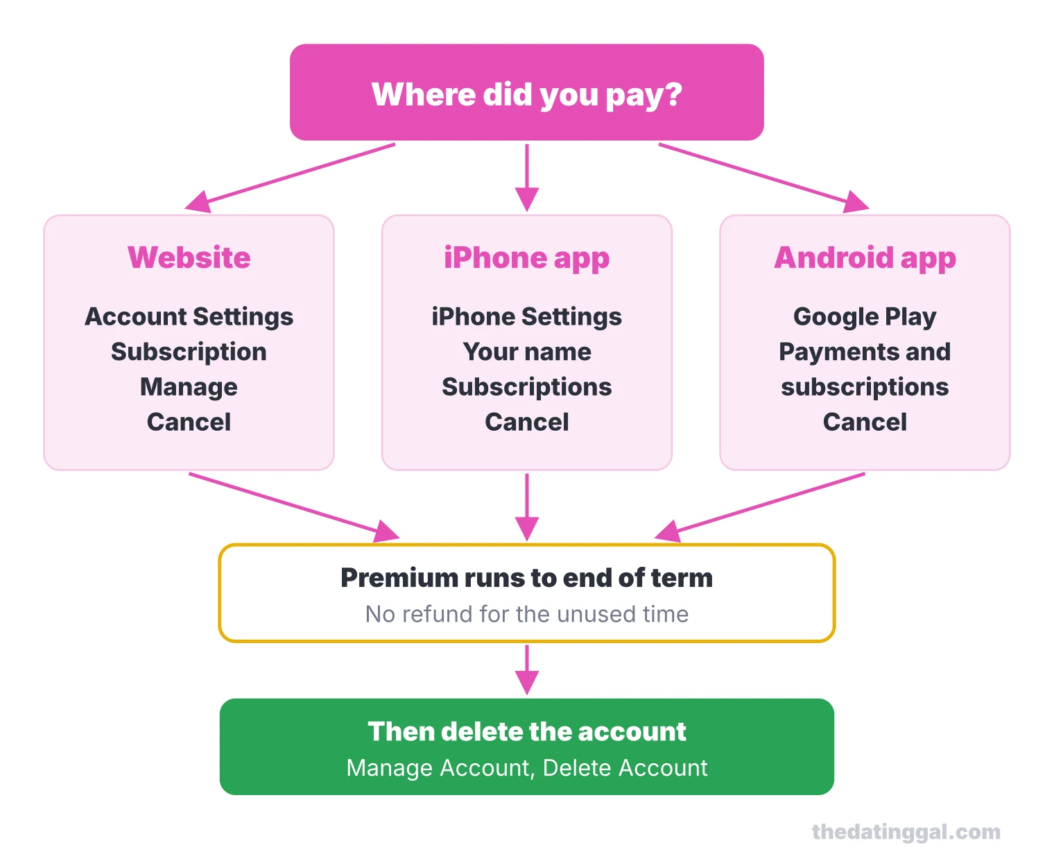 Flow chart: cancel on the website, in iPhone Settings or in Google Play, keep Premium to the end of the term, then delete the account