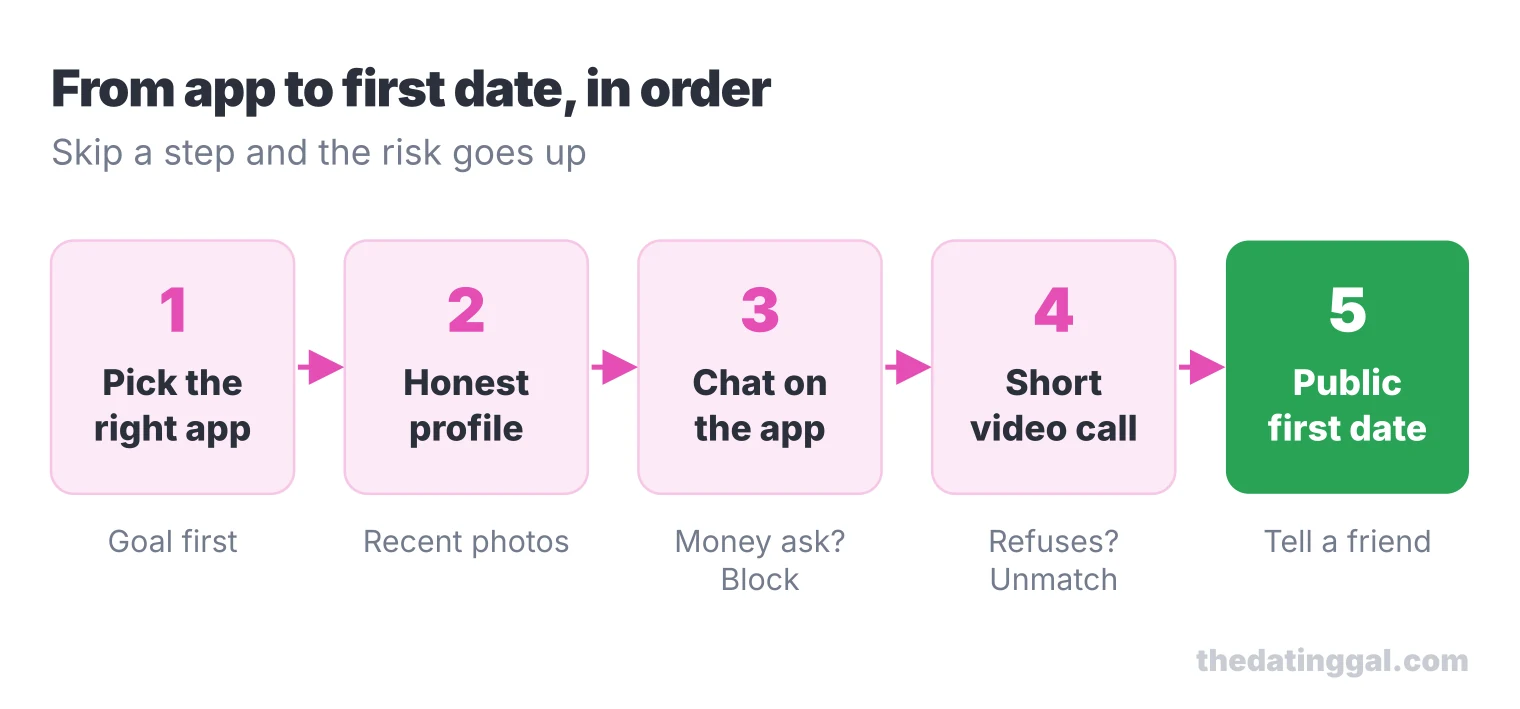 Five steps from app to first date: pick the right app, honest profile, chat on the app, short video call, public first date