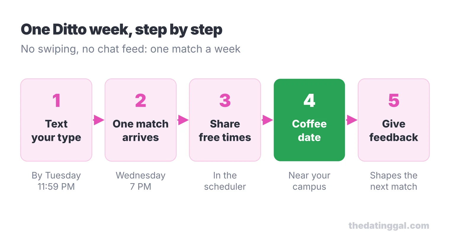 Five-step flow of a Ditto week: text your type by Tuesday 11:59 PM, one match Wednesday 7 PM, share times, coffee date, feedback