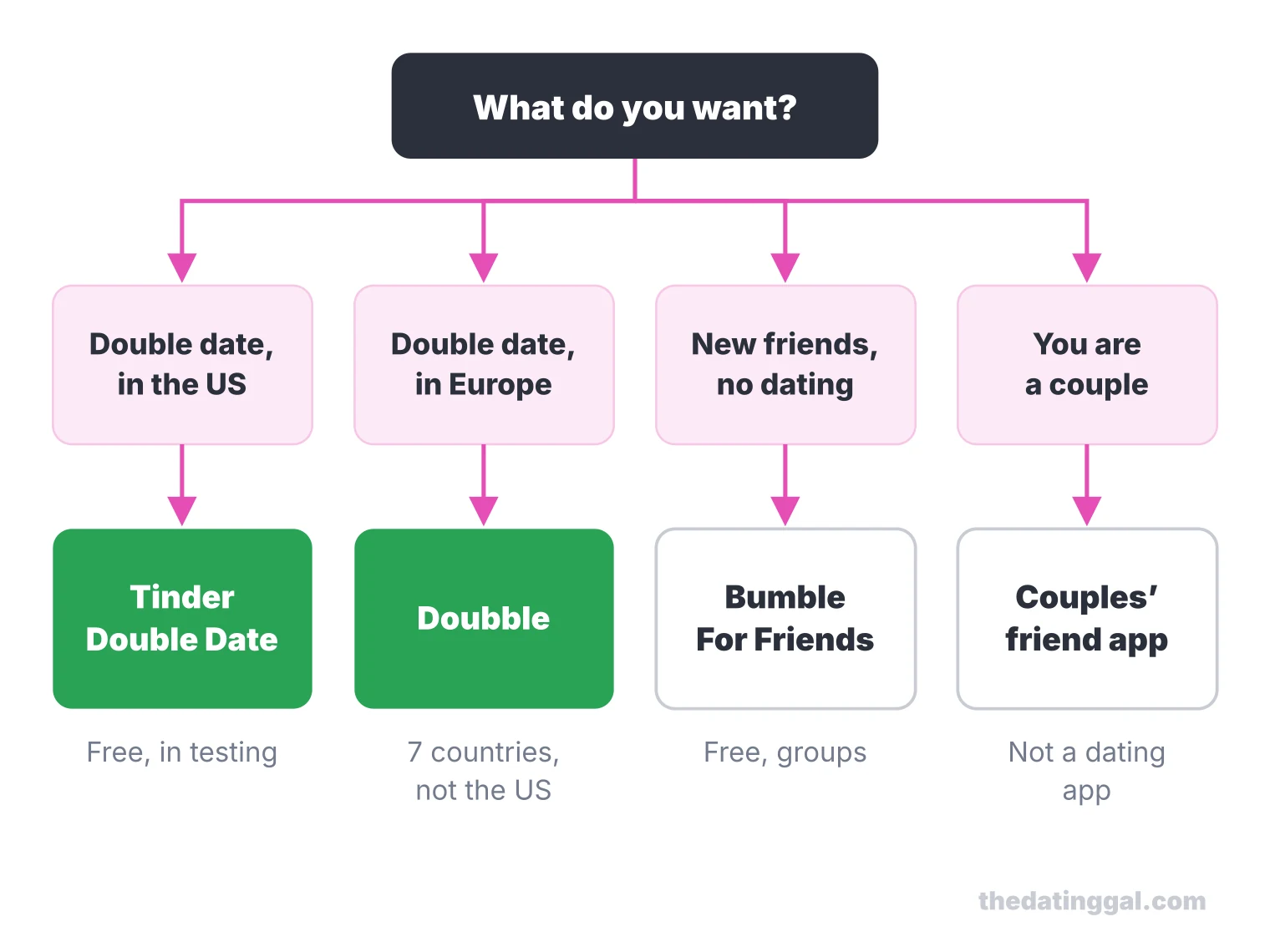 Decision chart: in the US use Tinder Double Date, in Doubble’s European countries use Doubble, for friends use Bumble For Friends
