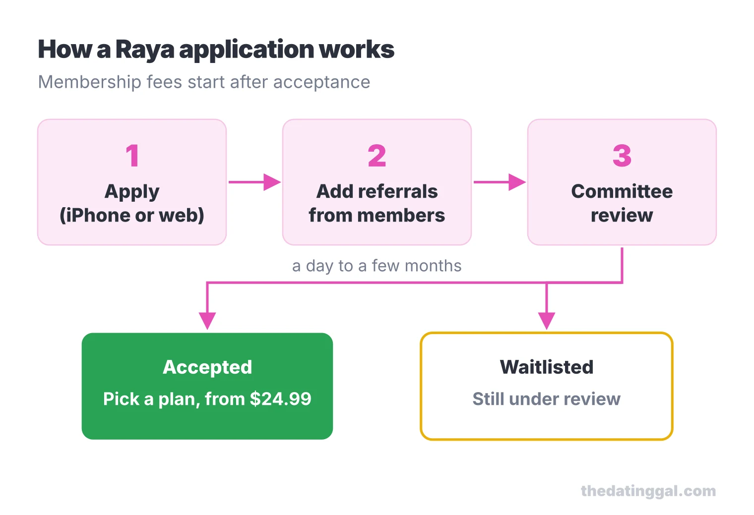 Flow of a Raya application: apply, add referrals, committee review, then accepted with plans from $24.99 or waitlisted