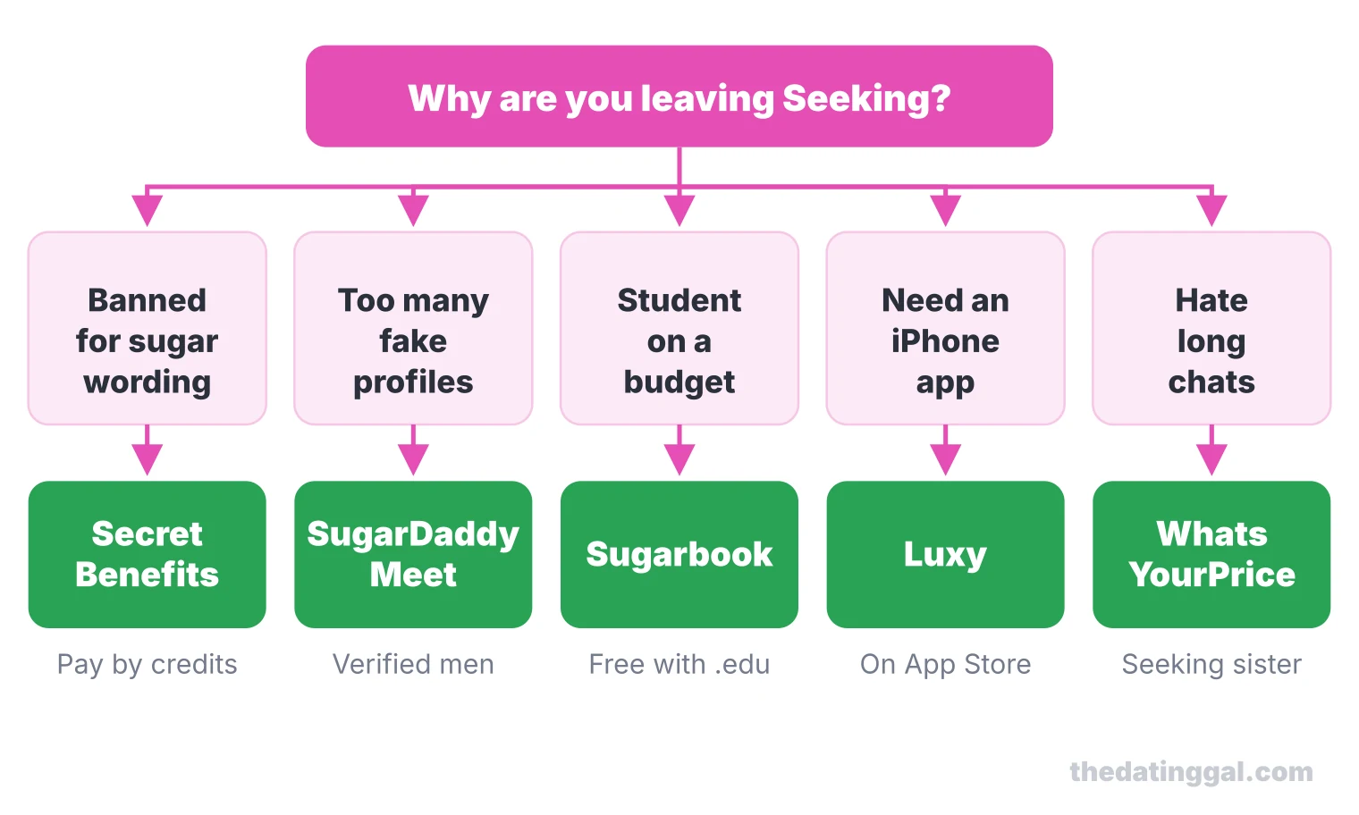 Decision chart: open sugar talk points to Secret Benefits, verified men to SugarDaddyMeet, students to Sugarbook, iPhone to Luxy, fast dates to WhatsYourPrice